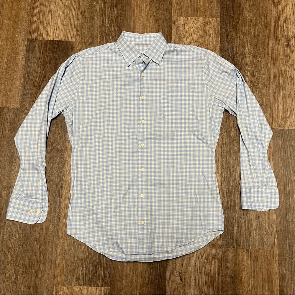 Peter Millar Mens Medium Button Down Shirt Gray Blue White Checkered Casual Work